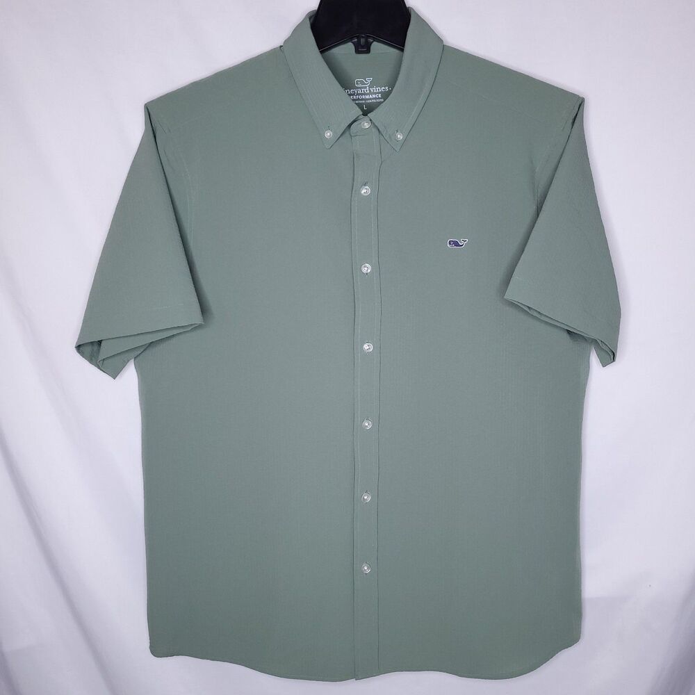 Vineyard Vines Seersucker Shirt Mens Large Green Short Sleeve Performance